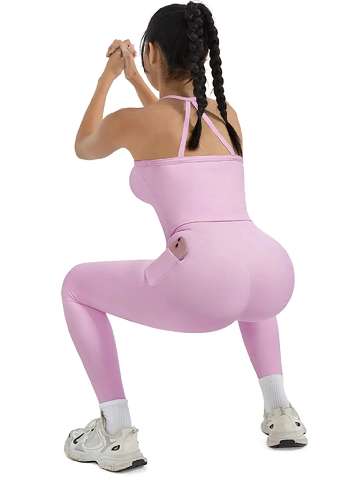 SUUKSESS Women 2 Piece Workout Sets Compression Tummy Control Leggings with Pockets Halter Built in Bra Tank Tops-SUUKSESS-SUUKSESS