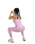 SUUKSESS Women 2 Piece Workout Sets Compression Tummy Control Leggings with Pockets Halter Built in Bra Tank Tops-SUUKSESS-SUUKSESS