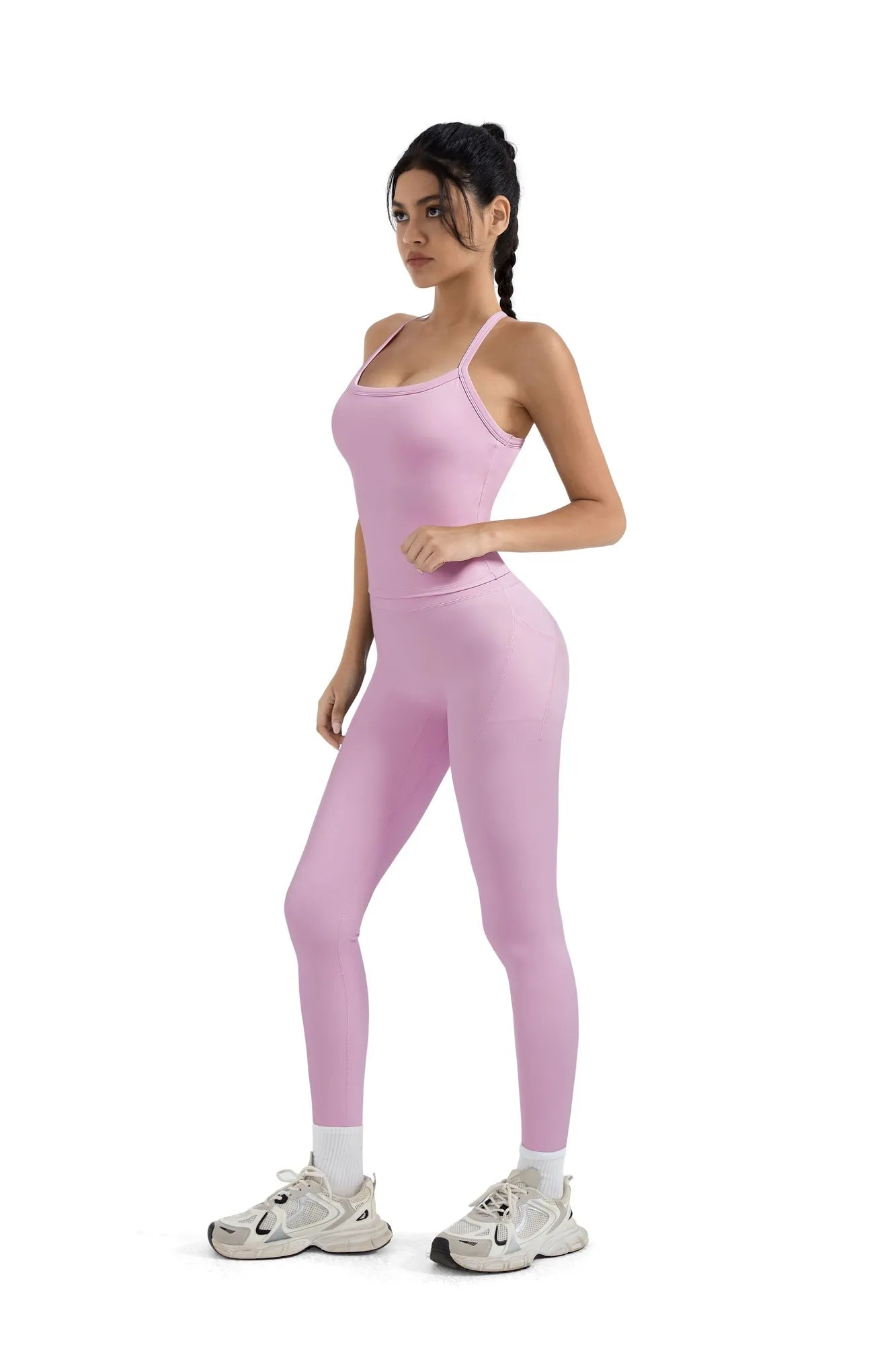 SUUKSESS Women 2 Piece Workout Sets Compression Tummy Control Leggings with Pockets Halter Built in Bra Tank Tops-SUUKSESS-SUUKSESS