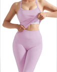 SUUKSESS Women 2 Piece Workout Sets Compression Tummy Control Leggings with Pockets Halter Built in Bra Tank Tops-SUUKSESS-SUUKSESS