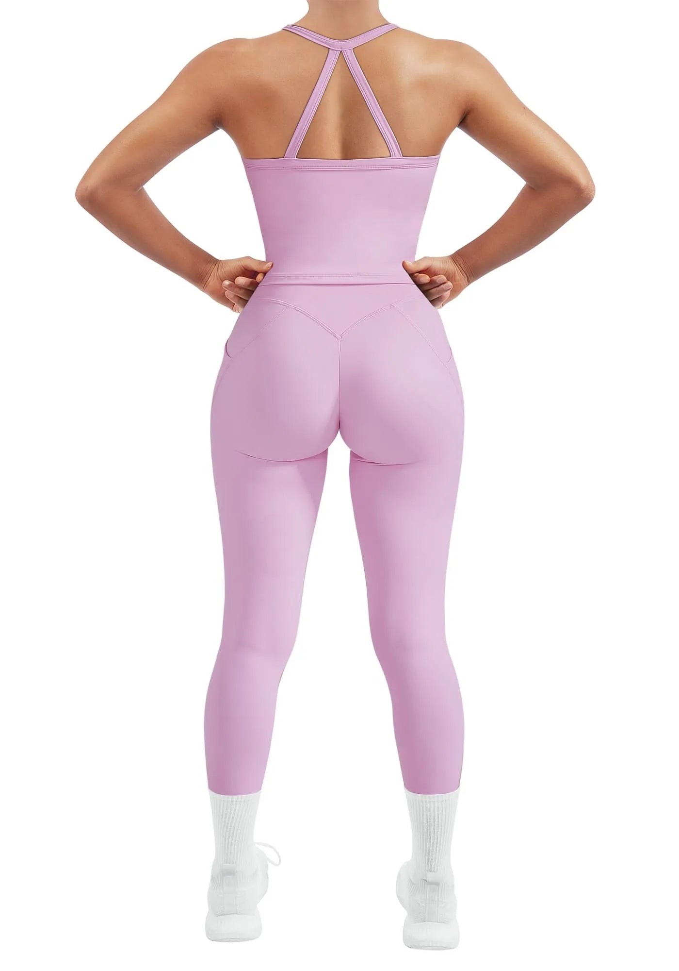SUUKSESS Women 2 Piece Workout Sets Compression Tummy Control Leggings with Pockets Halter Built in Bra Tank Tops-SUUKSESS-SUUKSESS