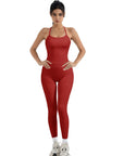 SUUKSESS Women 2 Piece Workout Sets Compression Tummy Control Leggings with Pockets Halter Built in Bra Tank Tops-SUUKSESS-Red-XS-SUUKSESS