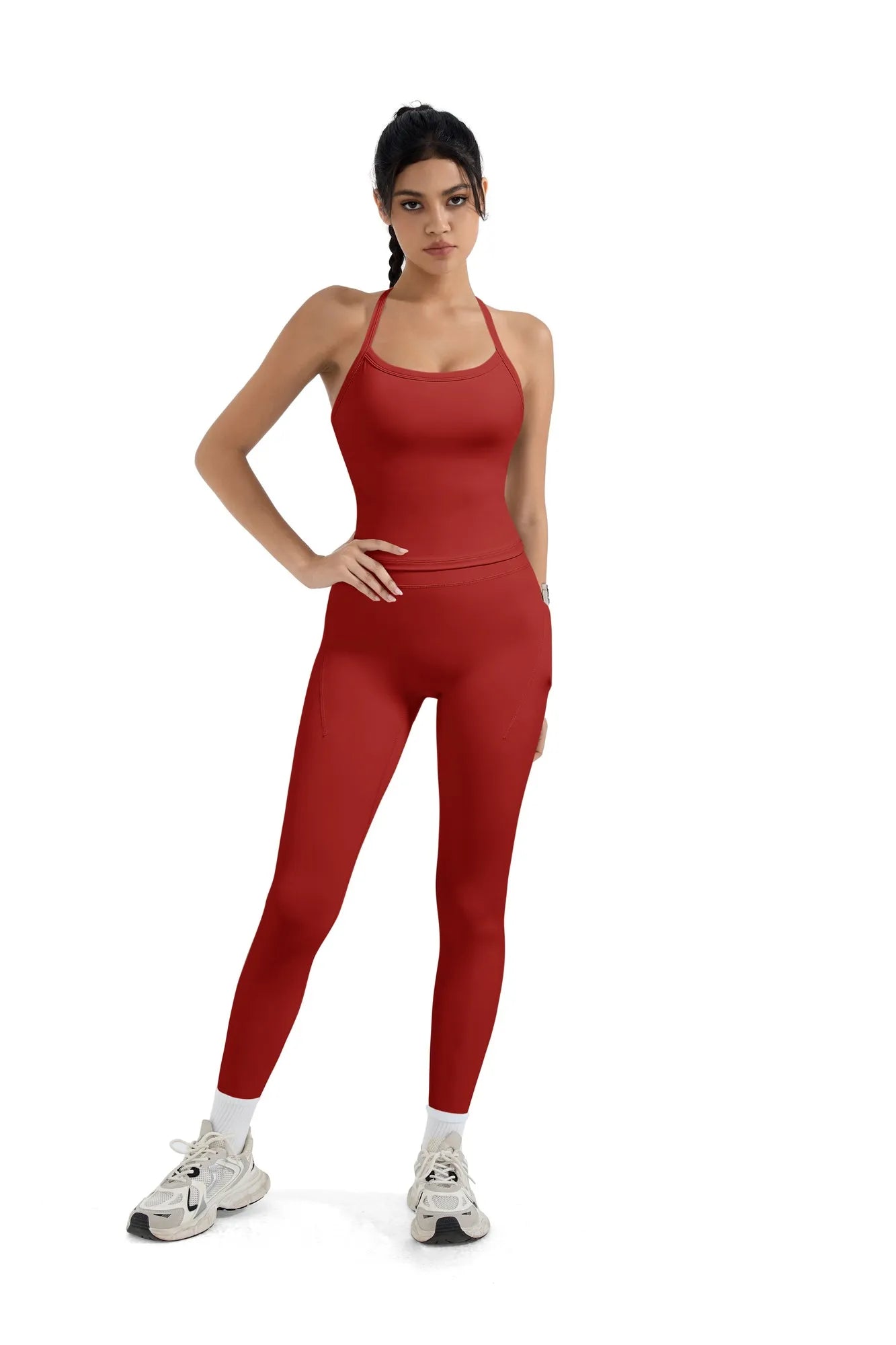 SUUKSESS Women 2 Piece Workout Sets Compression Tummy Control Leggings with Pockets Halter Built in Bra Tank Tops-SUUKSESS-SUUKSESS