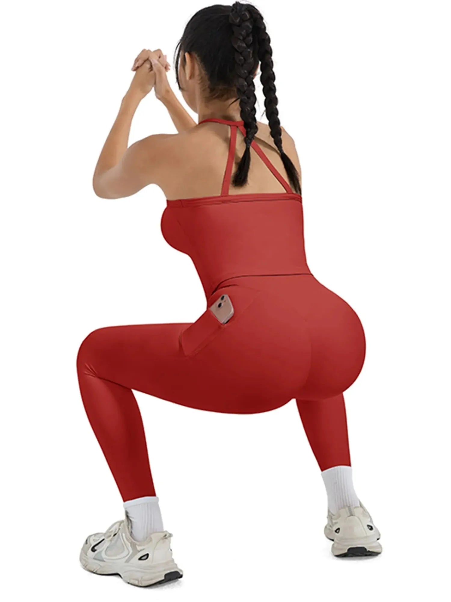 SUUKSESS Women 2 Piece Workout Sets Compression Tummy Control Leggings with Pockets Halter Built in Bra Tank Tops-SUUKSESS-SUUKSESS