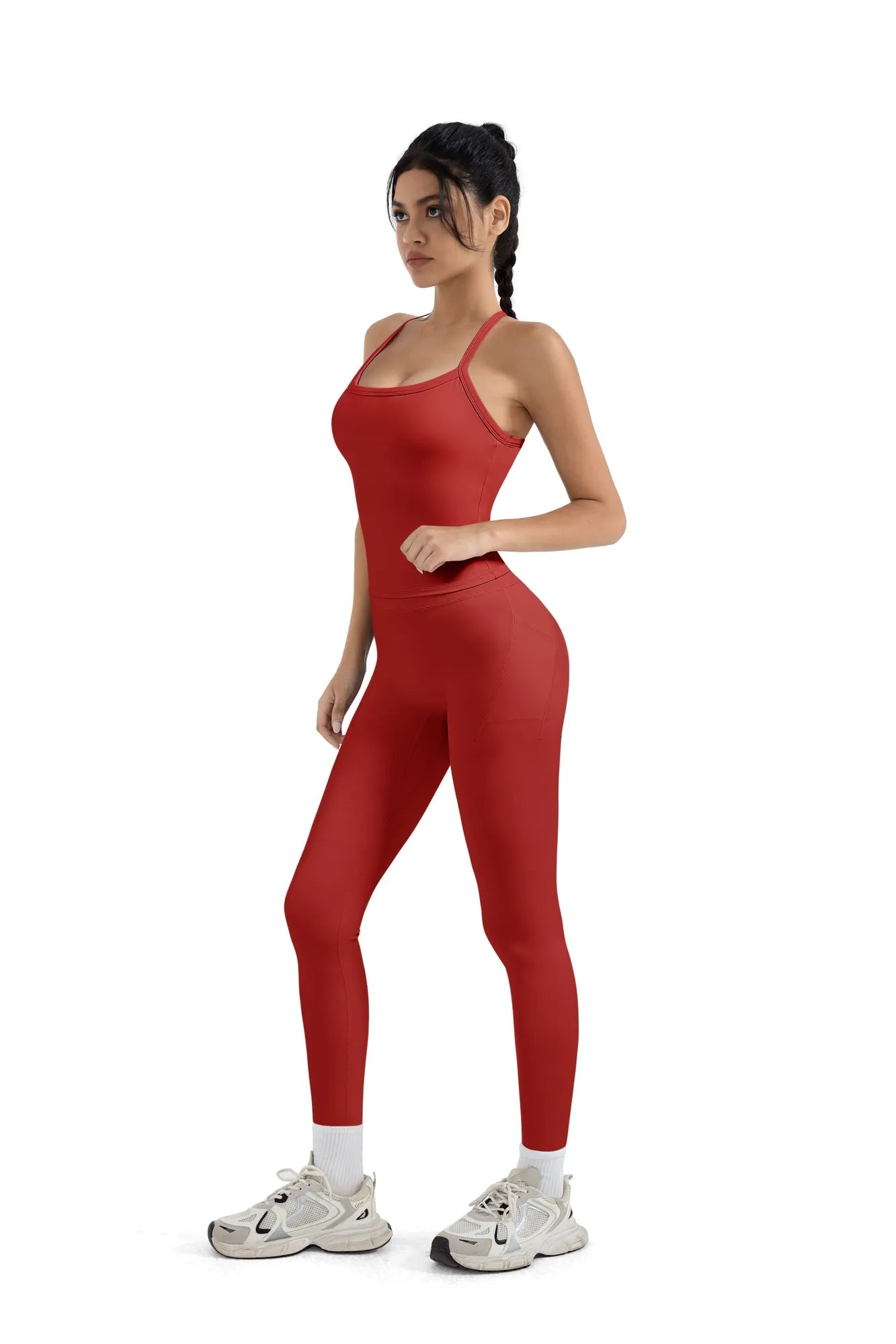 SUUKSESS Women 2 Piece Workout Sets Compression Tummy Control Leggings with Pockets Halter Built in Bra Tank Tops-SUUKSESS-SUUKSESS