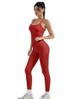 SUUKSESS Women 2 Piece Workout Sets Compression Tummy Control Leggings with Pockets Halter Built in Bra Tank Tops-SUUKSESS-SUUKSESS