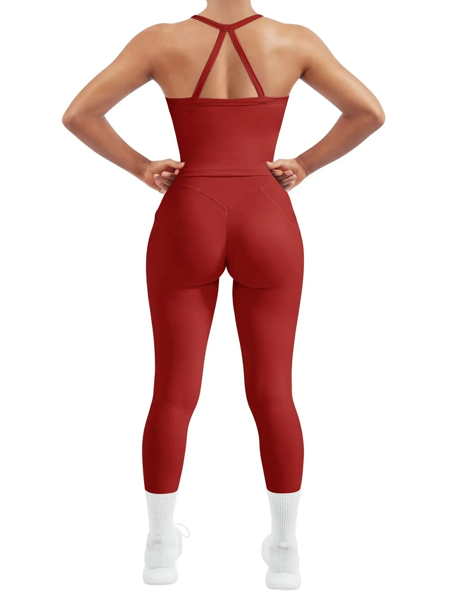 SUUKSESS Women 2 Piece Workout Sets Compression Tummy Control Leggings with Pockets Halter Built in Bra Tank Tops-SUUKSESS-SUUKSESS