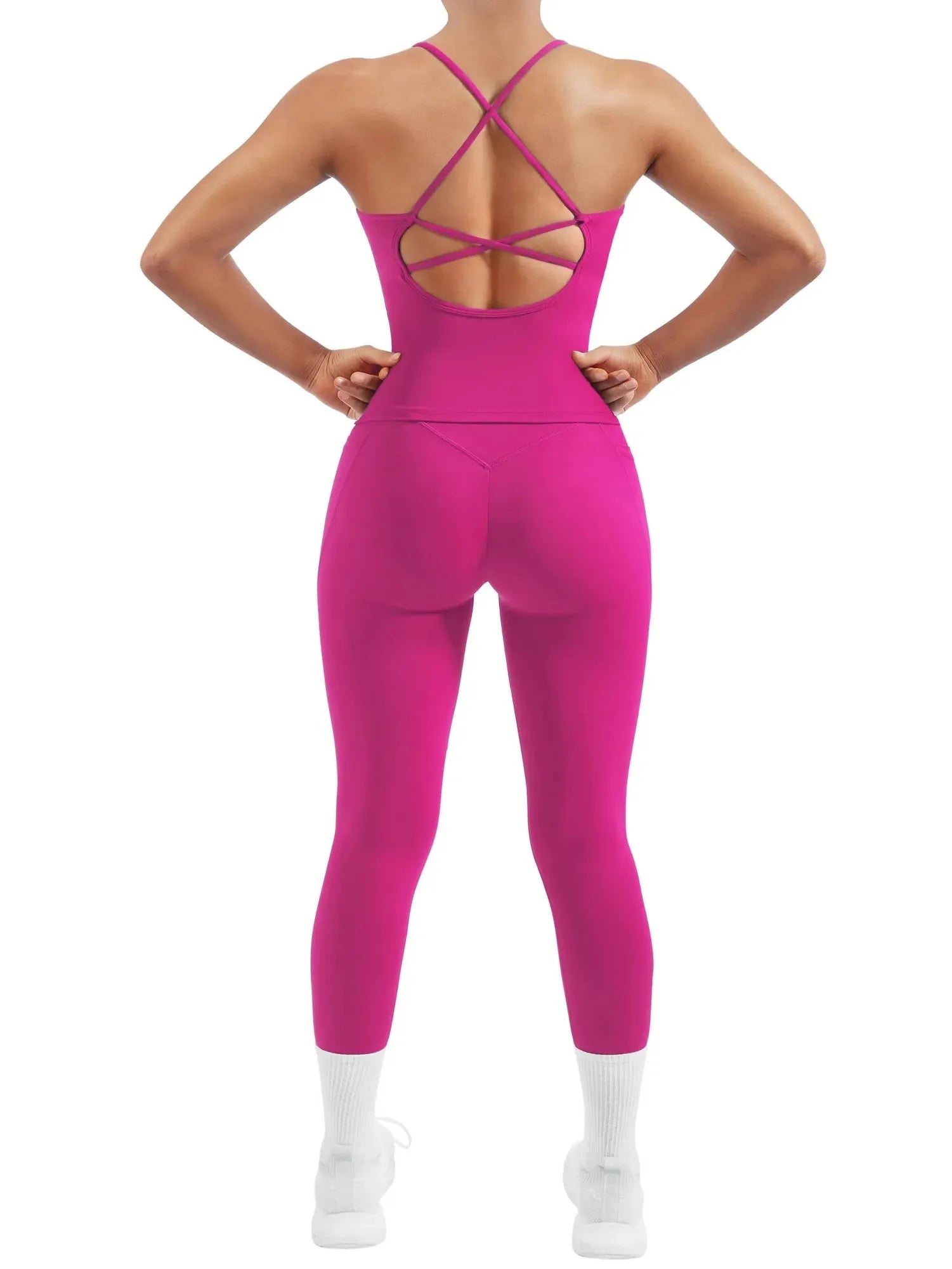 SUUKSESS Women 2 Piece Workout Sets Booty Leggings with Pockets Padded Tank Tops-SUUKSESS-Deep Pink-XS-SUUKSESS