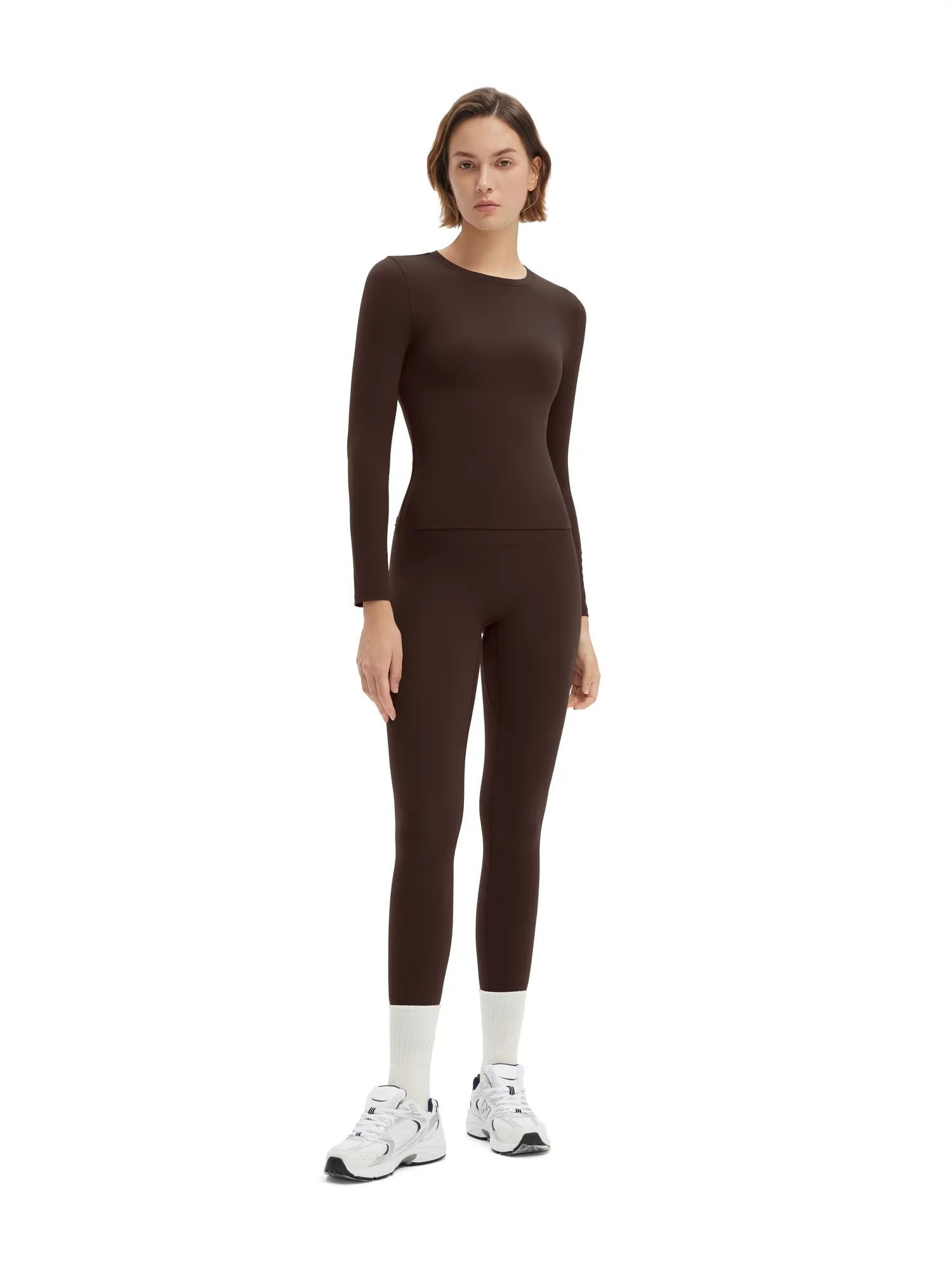 SUUKSESS Women 2 Piece Workout Set Tummy Control Legging Long Sleeve Workout Top-SUUKSESS-Brown-XS-SUUKSESS