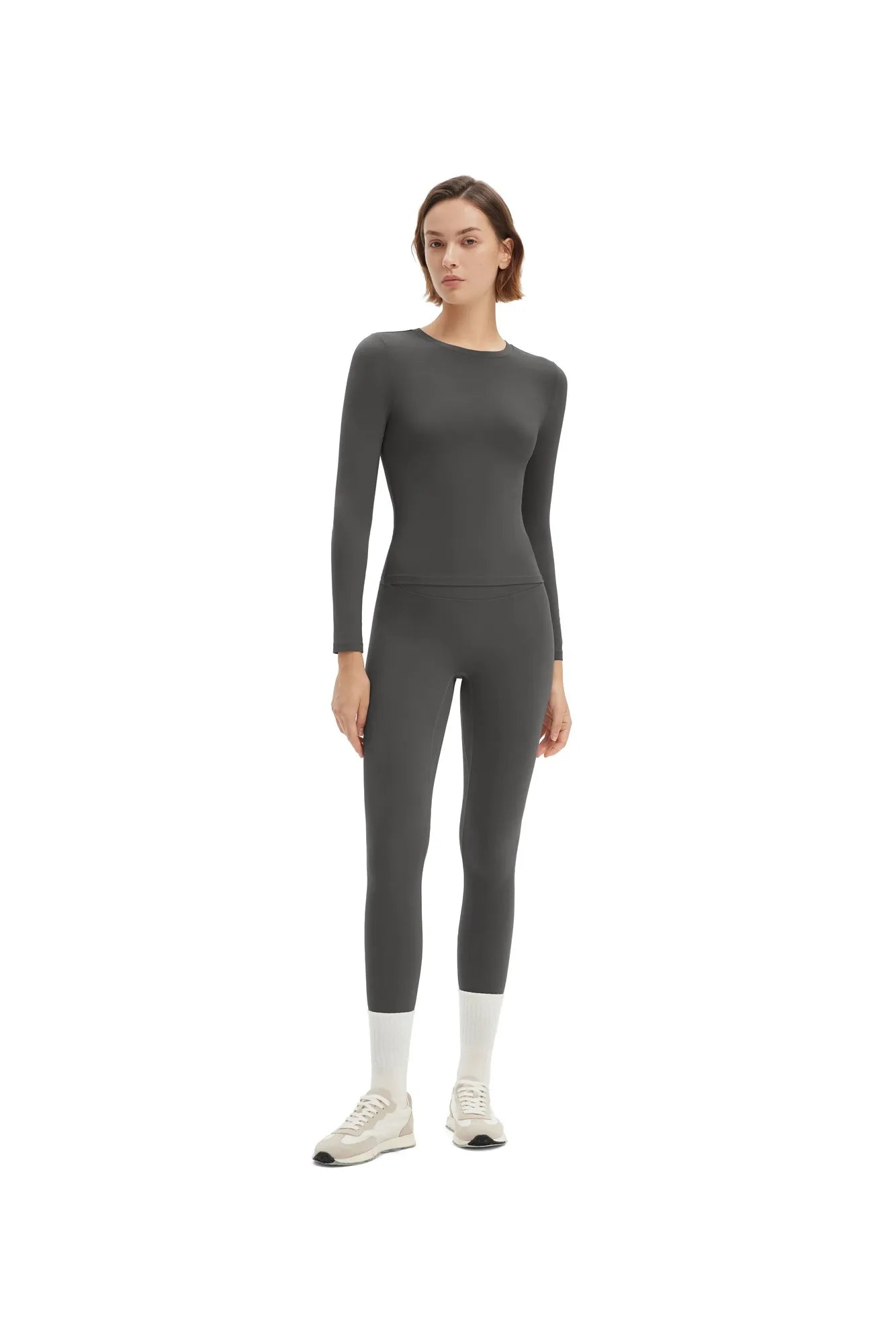 SUUKSESS Women 2 Piece Workout Set Tummy Control Legging Long Sleeve Workout Top-SUUKSESS-Dark Grey-XS-SUUKSESS