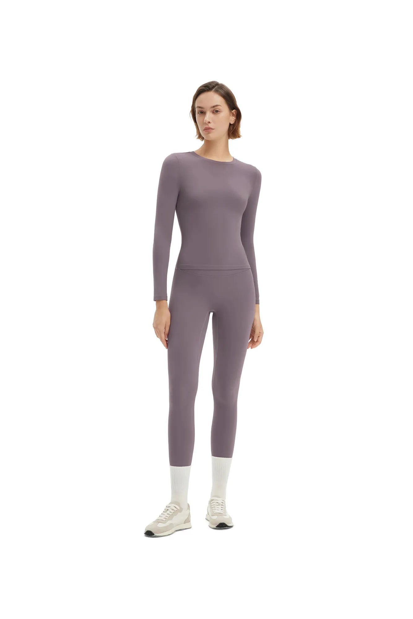 SUUKSESS Women 2 Piece Workout Set Tummy Control Legging Long Sleeve Workout Top-SUUKSESS-Purple Grey-XS-SUUKSESS
