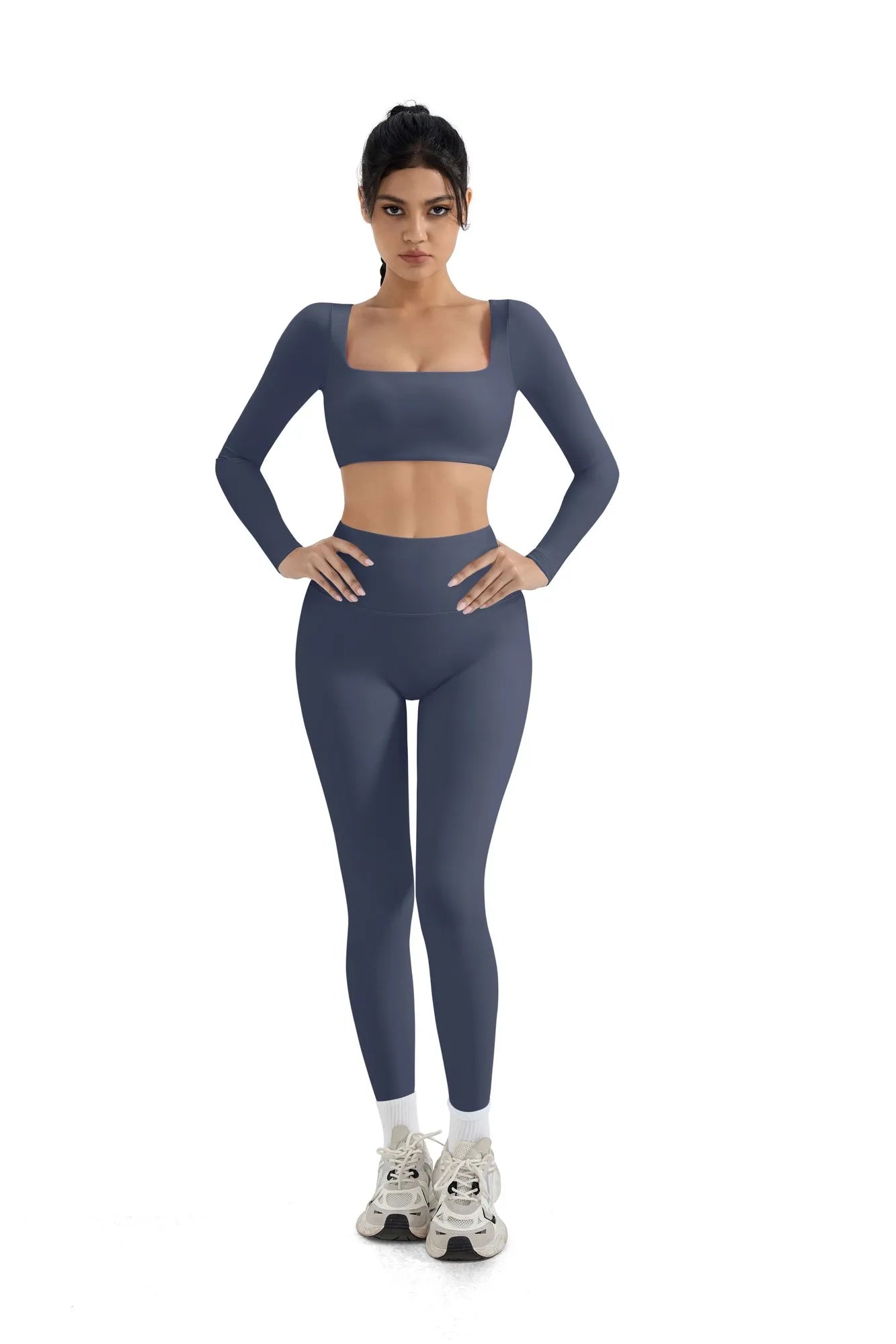 SUUKSESS Women 2 Piece Workout Sets Compression Tummy Control Leggings with Pockets Long Sleeve Square Neck Padded Crop Tops-SUUKSESS-Navy-S-SUUKSESS