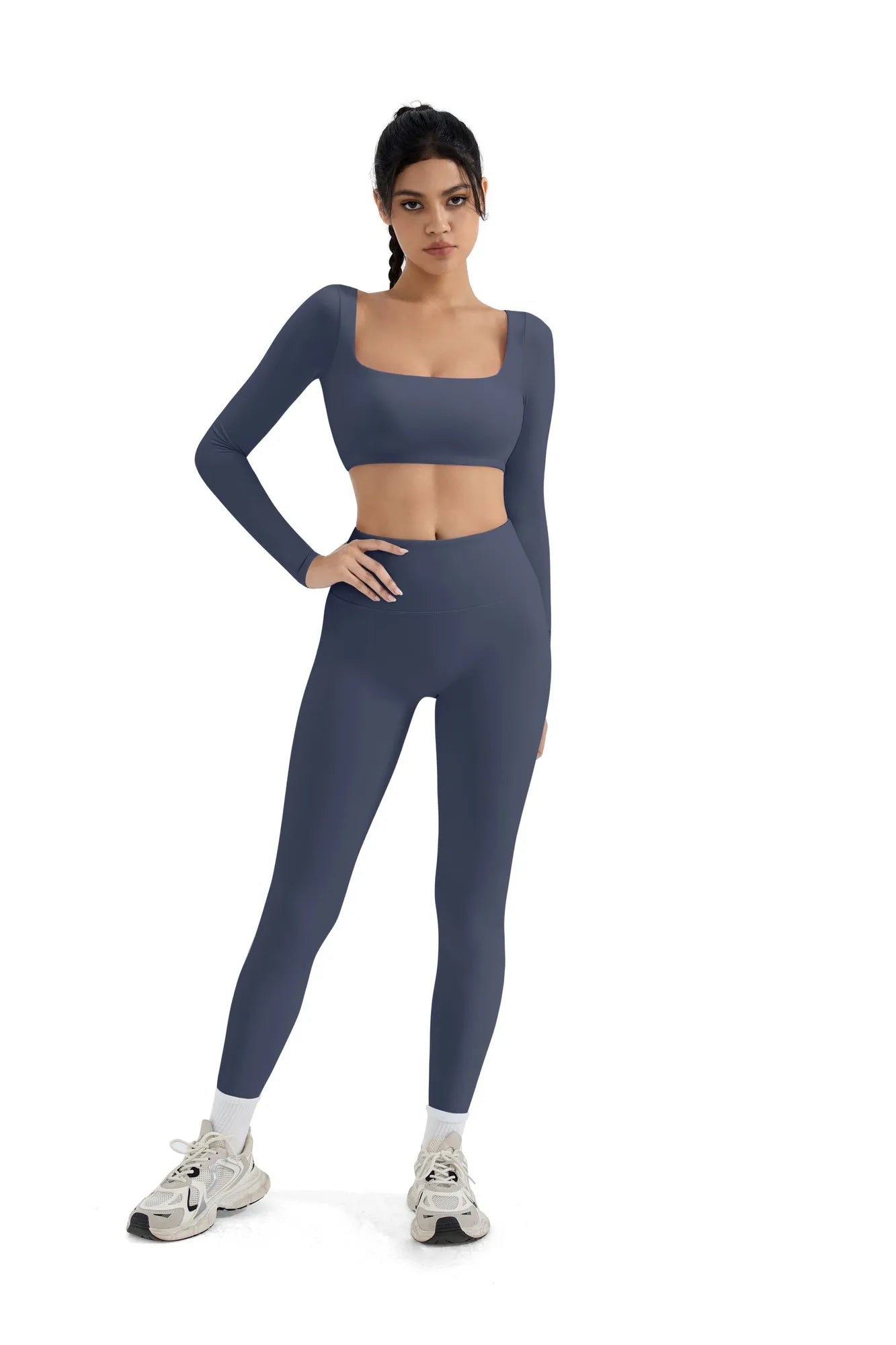 SUUKSESS Women 2 Piece Workout Sets Compression Tummy Control Leggings with Pockets Long Sleeve Square Neck Padded Crop Tops-SUUKSESS-SUUKSESS