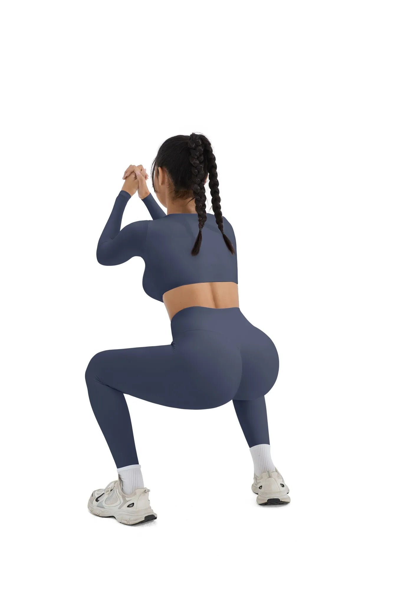 SUUKSESS Women 2 Piece Workout Sets Compression Tummy Control Leggings with Pockets Long Sleeve Square Neck Padded Crop Tops-SUUKSESS-SUUKSESS