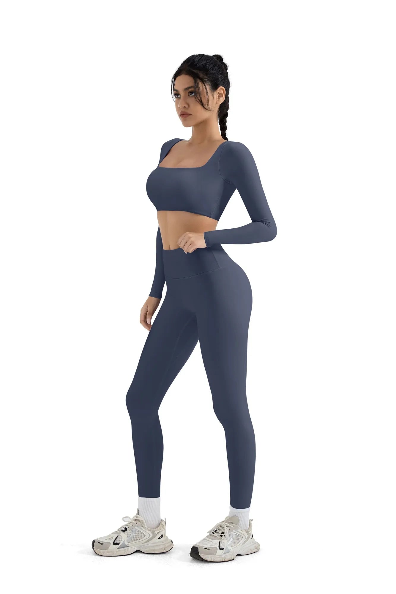 SUUKSESS Women 2 Piece Workout Sets Compression Tummy Control Leggings with Pockets Long Sleeve Square Neck Padded Crop Tops-SUUKSESS-SUUKSESS