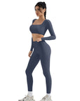 SUUKSESS Women 2 Piece Workout Sets Compression Tummy Control Leggings with Pockets Long Sleeve Square Neck Padded Crop Tops-SUUKSESS-SUUKSESS