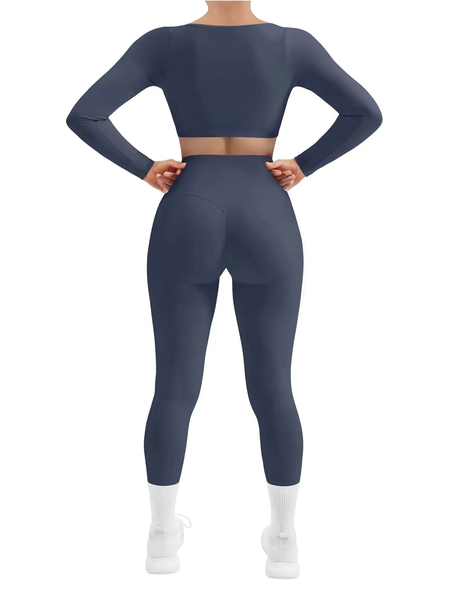 SUUKSESS Women 2 Piece Workout Sets Compression Tummy Control Leggings with Pockets Long Sleeve Square Neck Padded Crop Tops-SUUKSESS-SUUKSESS