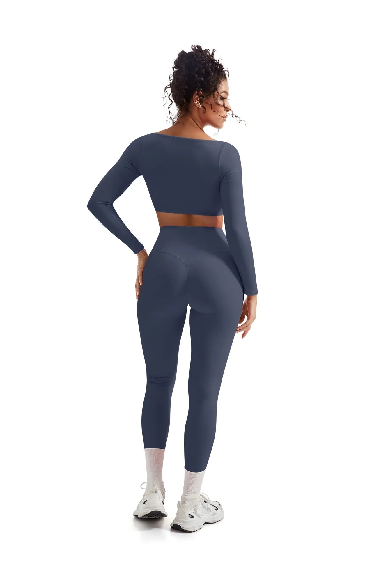 SUUKSESS Women 2 Piece Workout Sets Compression Tummy Control Leggings with Pockets Long Sleeve Square Neck Padded Crop Tops-SUUKSESS-SUUKSESS