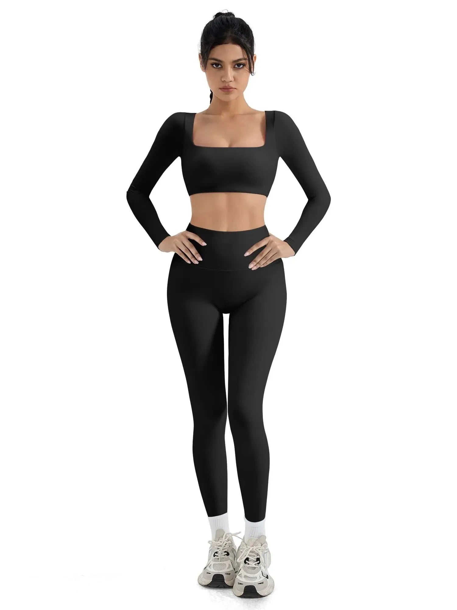 SUUKSESS Women 2 Piece Workout Sets Compression Tummy Control Leggings with Pockets Long Sleeve Square Neck Padded Crop Tops-SUUKSESS-Black-S-SUUKSESS