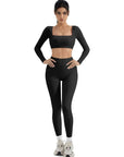SUUKSESS Women 2 Piece Workout Sets Compression Tummy Control Leggings with Pockets Long Sleeve Square Neck Padded Crop Tops-SUUKSESS-Black-S-SUUKSESS