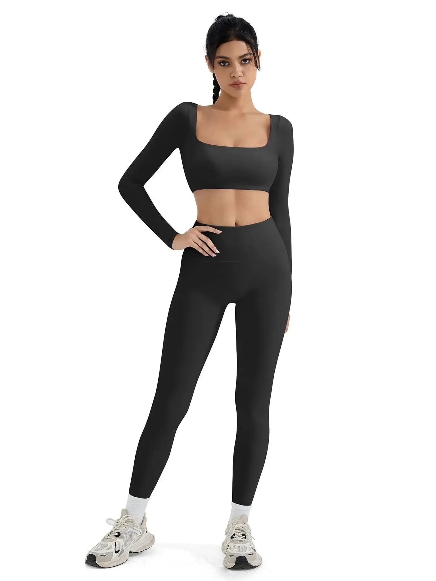 SUUKSESS Women 2 Piece Workout Sets Compression Tummy Control Leggings with Pockets Long Sleeve Square Neck Padded Crop Tops-SUUKSESS-SUUKSESS