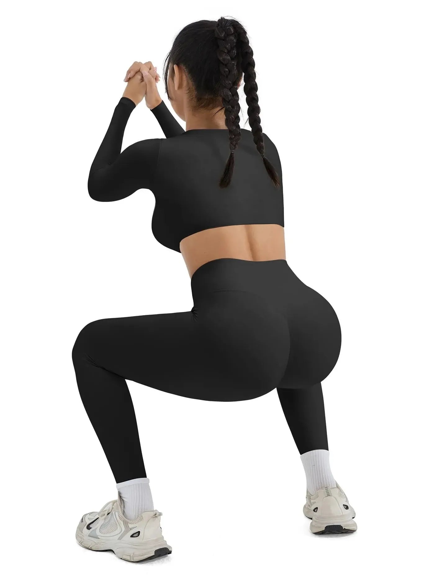 SUUKSESS Women 2 Piece Workout Sets Compression Tummy Control Leggings with Pockets Long Sleeve Square Neck Padded Crop Tops-SUUKSESS-SUUKSESS