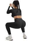 SUUKSESS Women 2 Piece Workout Sets Compression Tummy Control Leggings with Pockets Long Sleeve Square Neck Padded Crop Tops-SUUKSESS-SUUKSESS