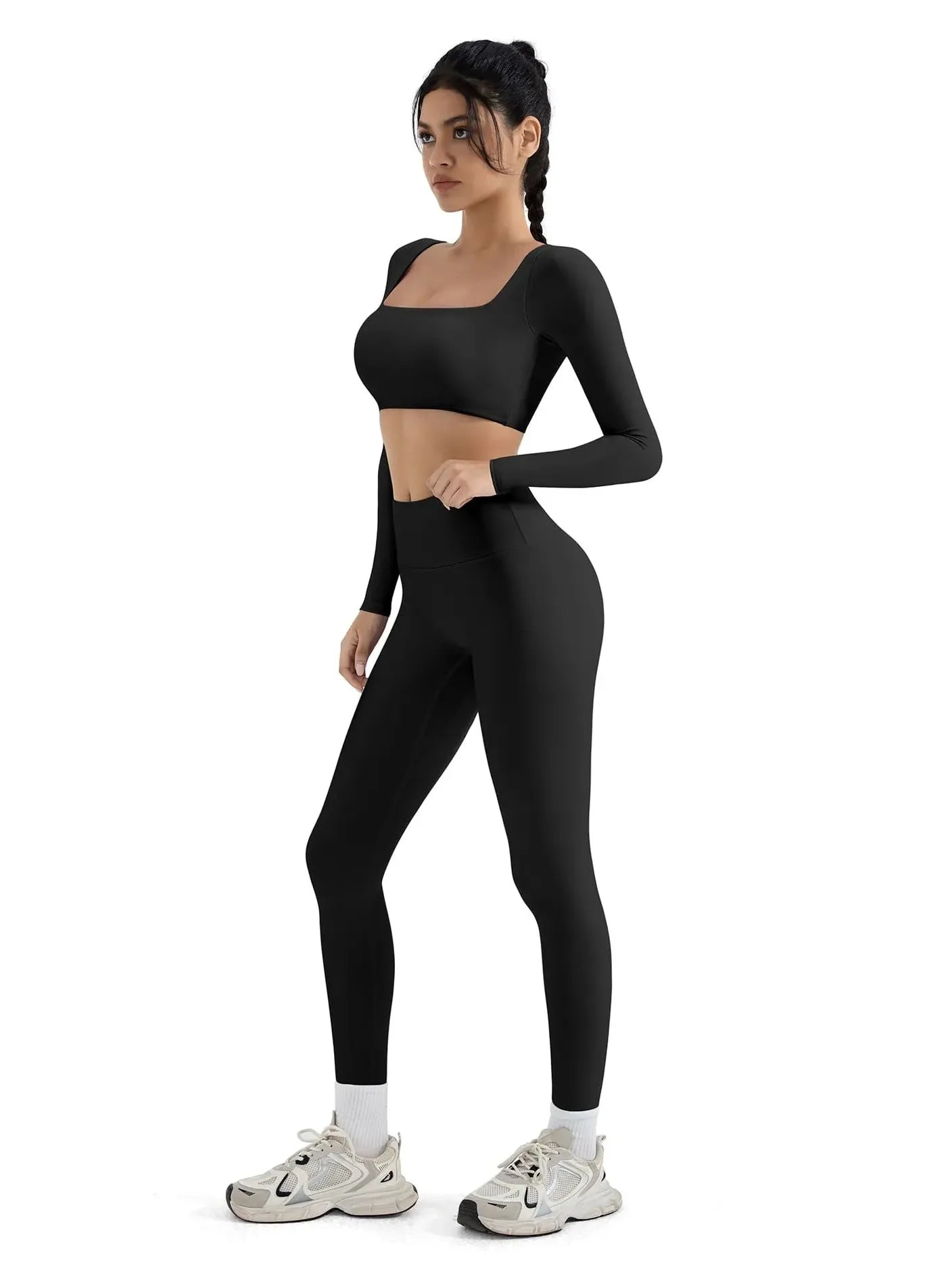 SUUKSESS Women 2 Piece Workout Sets Compression Tummy Control Leggings with Pockets Long Sleeve Square Neck Padded Crop Tops-SUUKSESS-SUUKSESS