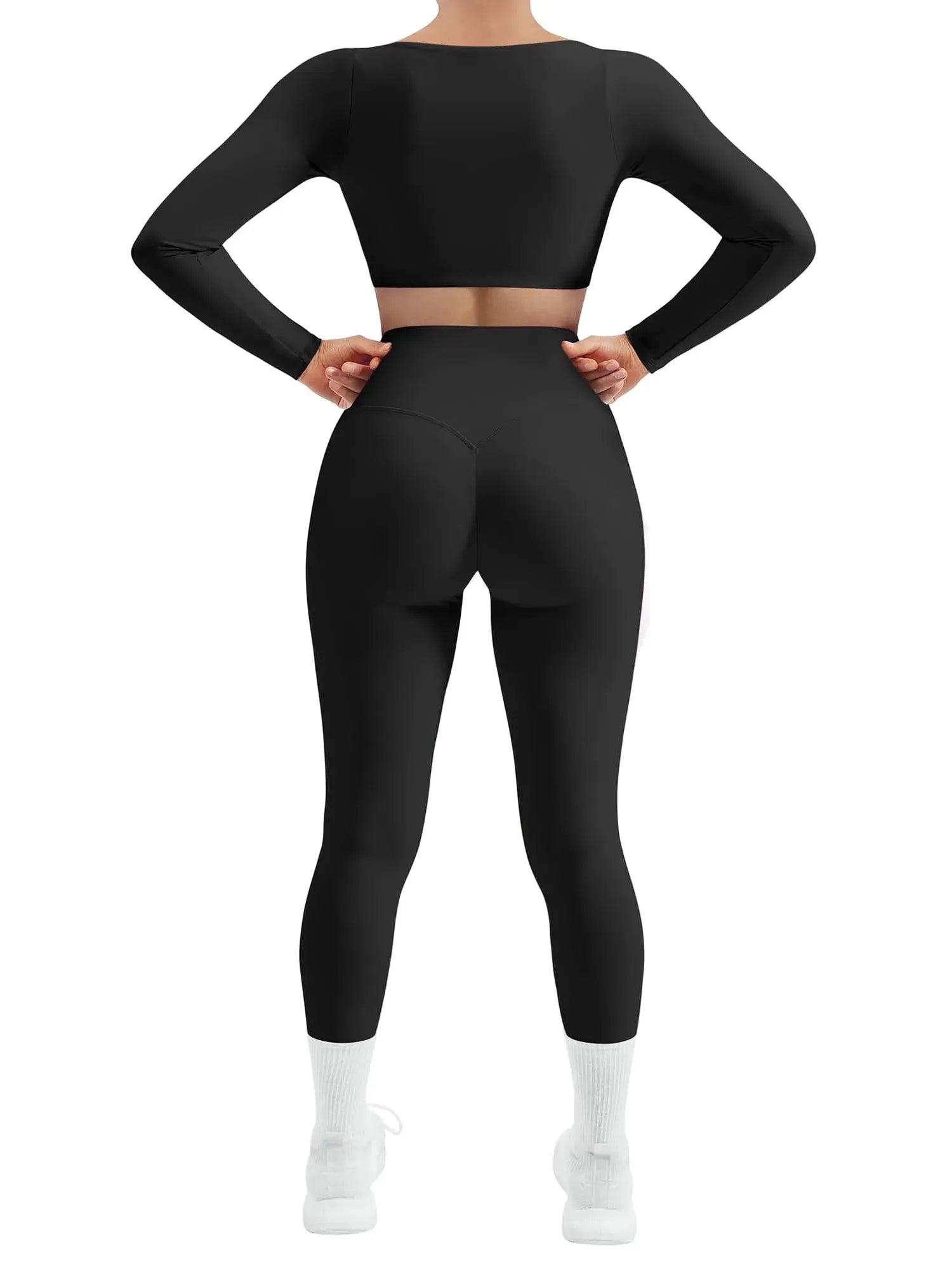 SUUKSESS Women 2 Piece Workout Sets Compression Tummy Control Leggings with Pockets Long Sleeve Square Neck Padded Crop Tops-SUUKSESS-SUUKSESS