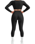 SUUKSESS Women 2 Piece Workout Sets Compression Tummy Control Leggings with Pockets Long Sleeve Square Neck Padded Crop Tops-SUUKSESS-SUUKSESS
