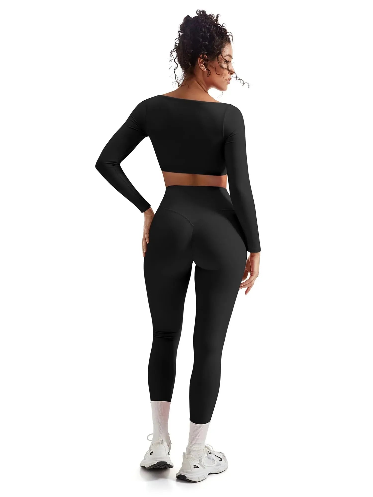 SUUKSESS Women 2 Piece Workout Sets Compression Tummy Control Leggings with Pockets Long Sleeve Square Neck Padded Crop Tops-SUUKSESS-SUUKSESS