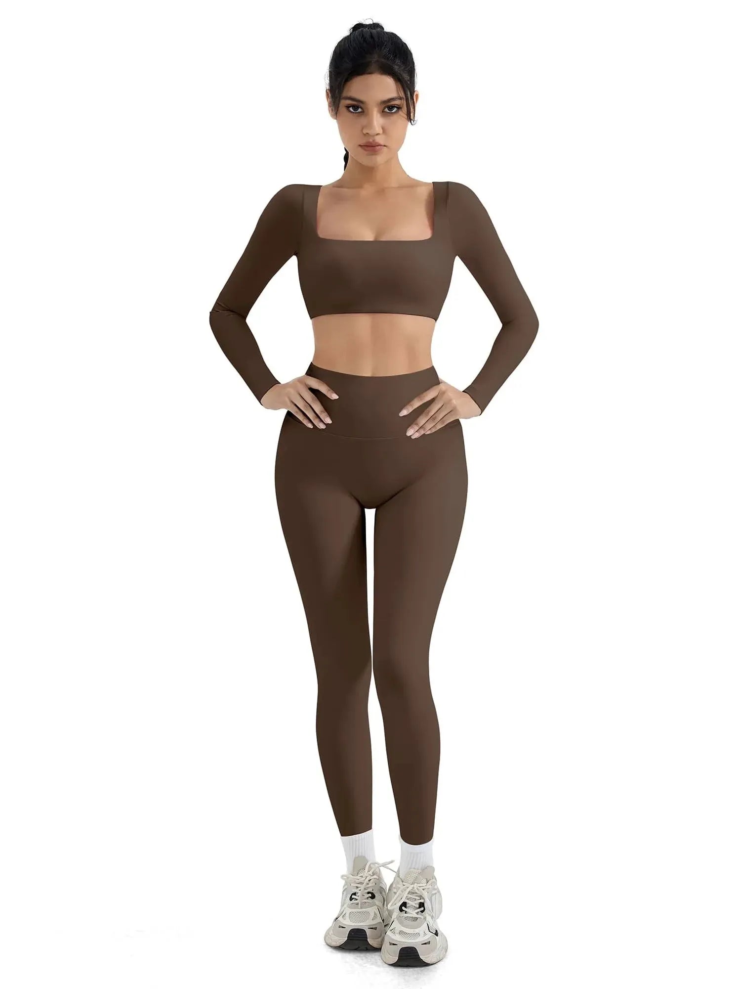 SUUKSESS Women 2 Piece Workout Sets Compression Tummy Control Leggings with Pockets Long Sleeve Square Neck Padded Crop Tops-SUUKSESS-Brown-S-SUUKSESS