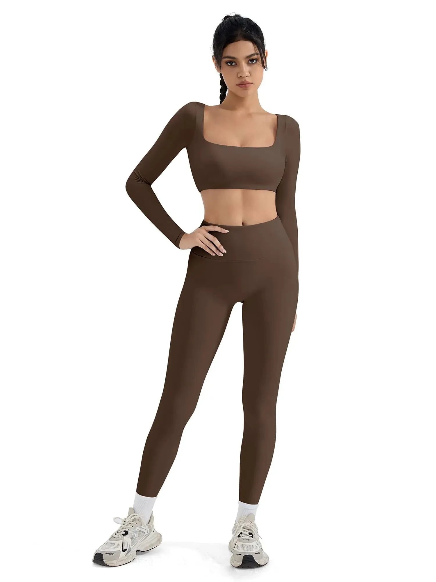 SUUKSESS Women 2 Piece Workout Sets Compression Tummy Control Leggings with Pockets Long Sleeve Square Neck Padded Crop Tops-SUUKSESS-SUUKSESS
