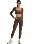SUUKSESS Women 2 Piece Workout Sets Compression Tummy Control Leggings with Pockets Long Sleeve Square Neck Padded Crop Tops-SUUKSESS-SUUKSESS