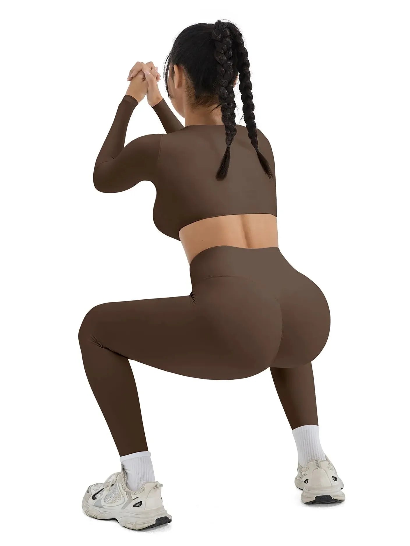 SUUKSESS Women 2 Piece Workout Sets Compression Tummy Control Leggings with Pockets Long Sleeve Square Neck Padded Crop Tops-SUUKSESS-SUUKSESS