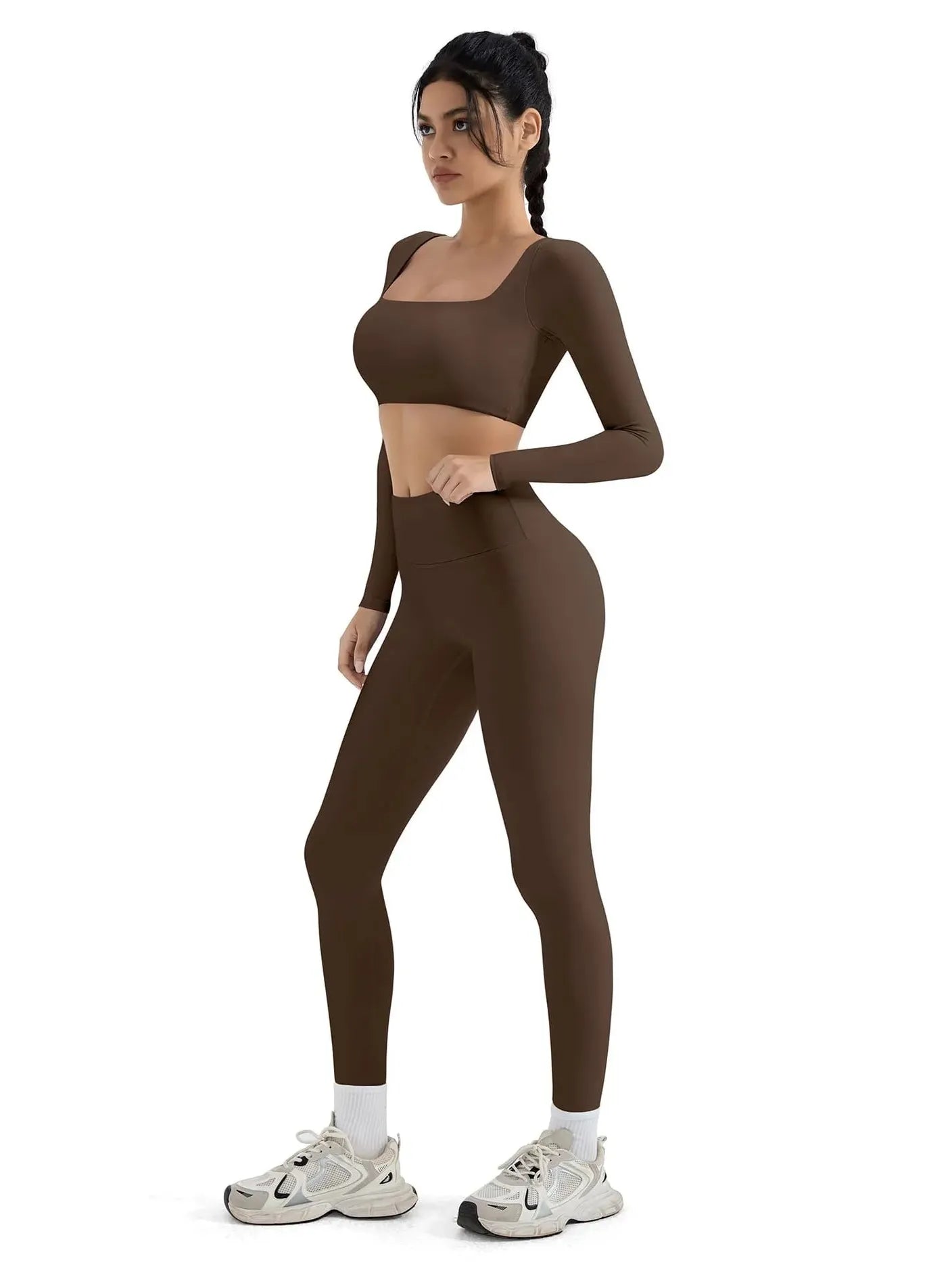 SUUKSESS Women 2 Piece Workout Sets Compression Tummy Control Leggings with Pockets Long Sleeve Square Neck Padded Crop Tops-SUUKSESS-SUUKSESS