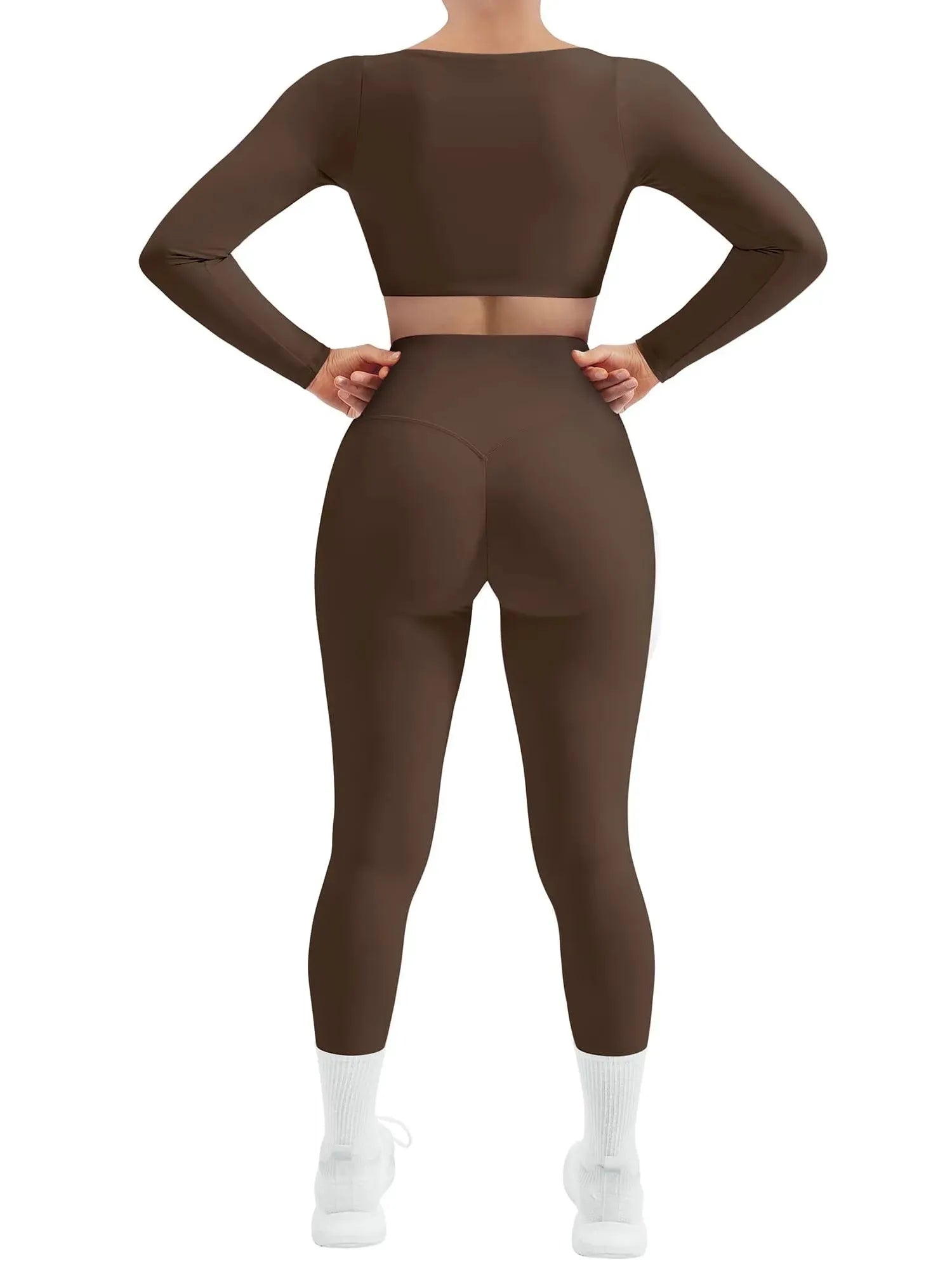 SUUKSESS Women 2 Piece Workout Sets Compression Tummy Control Leggings with Pockets Long Sleeve Square Neck Padded Crop Tops-SUUKSESS-SUUKSESS