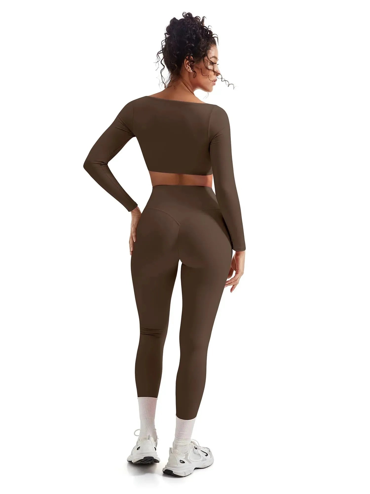 SUUKSESS Women 2 Piece Workout Sets Compression Tummy Control Leggings with Pockets Long Sleeve Square Neck Padded Crop Tops-SUUKSESS-SUUKSESS