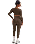 SUUKSESS Women 2 Piece Workout Sets Compression Tummy Control Leggings with Pockets Long Sleeve Square Neck Padded Crop Tops-SUUKSESS-SUUKSESS