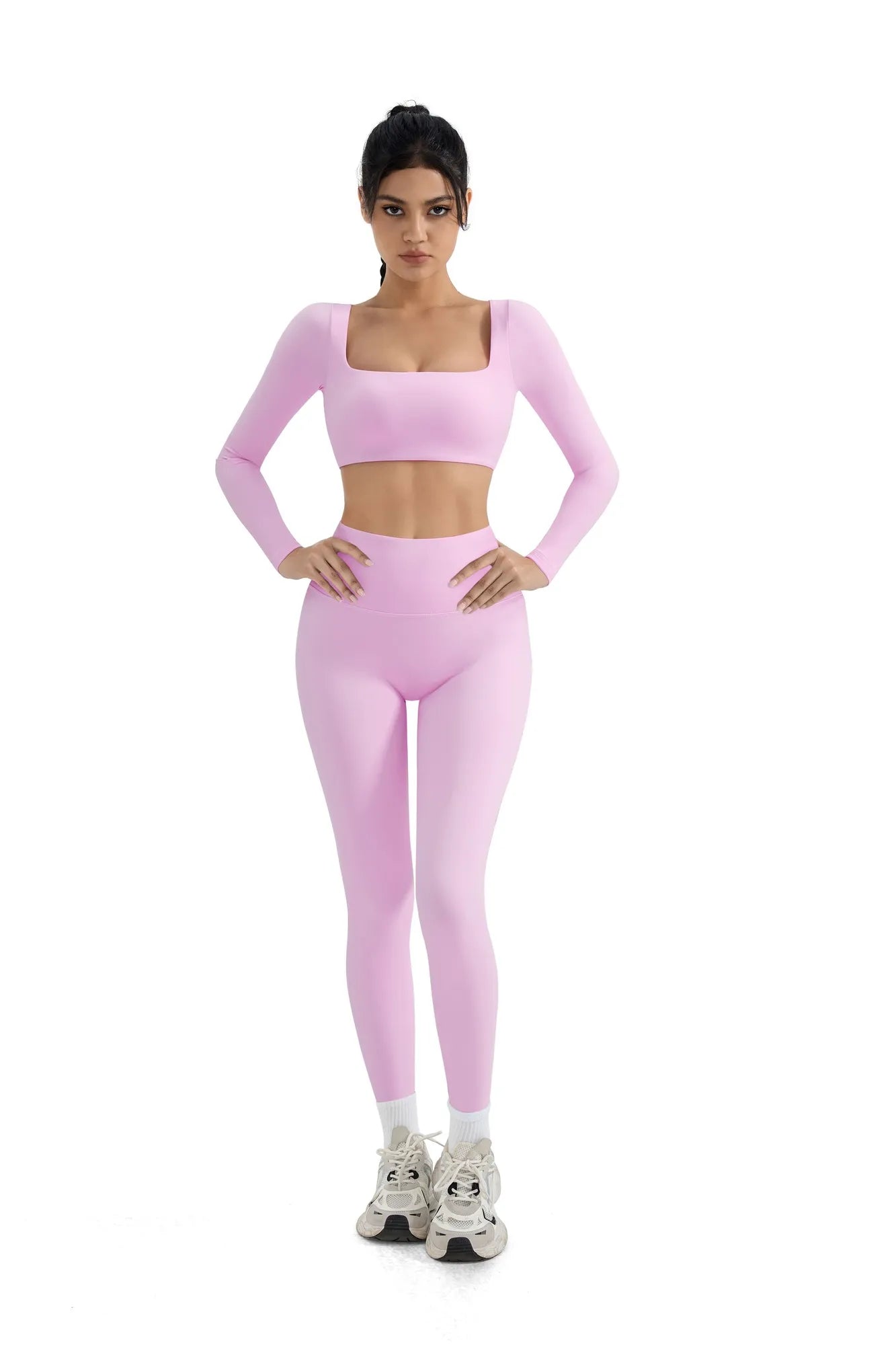 SUUKSESS Women 2 Piece Workout Sets Compression Tummy Control Leggings with Pockets Long Sleeve Square Neck Padded Crop Tops-SUUKSESS-Pink-S-SUUKSESS
