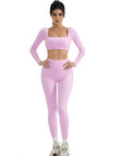 SUUKSESS Women 2 Piece Workout Sets Compression Tummy Control Leggings with Pockets Long Sleeve Square Neck Padded Crop Tops-SUUKSESS-Pink-S-SUUKSESS