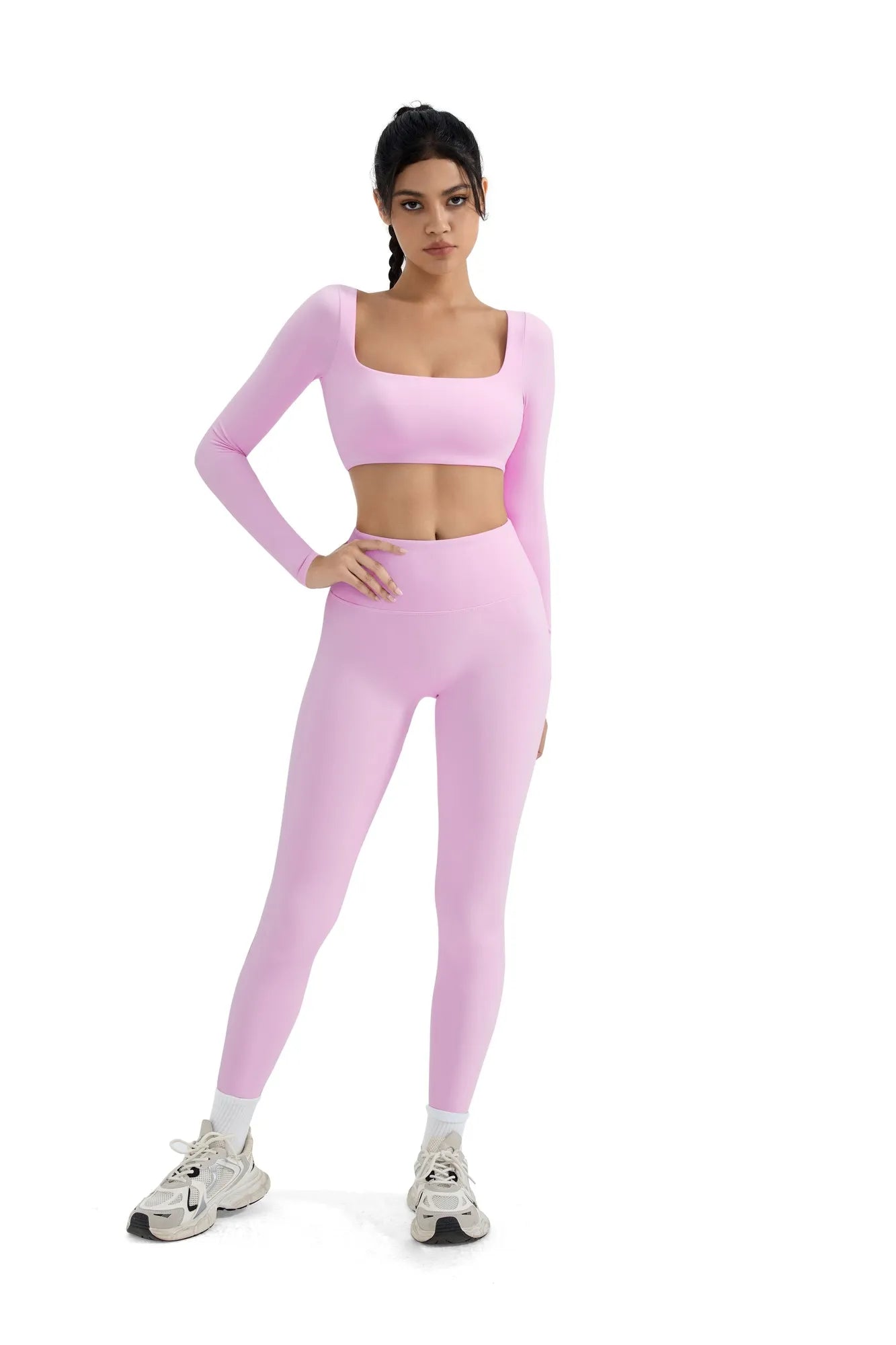 SUUKSESS Women 2 Piece Workout Sets Compression Tummy Control Leggings with Pockets Long Sleeve Square Neck Padded Crop Tops-SUUKSESS-SUUKSESS