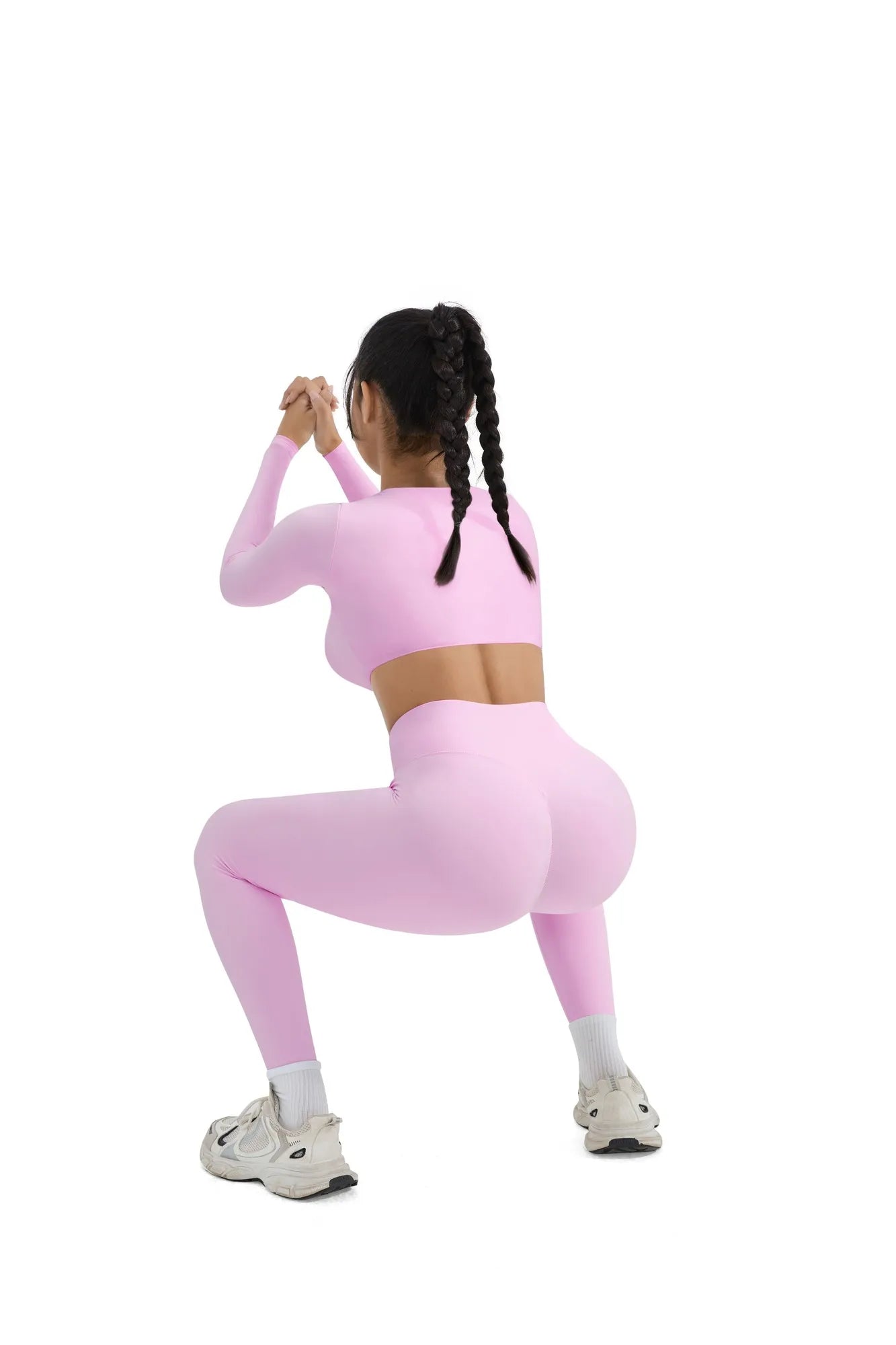 SUUKSESS Women 2 Piece Workout Sets Compression Tummy Control Leggings with Pockets Long Sleeve Square Neck Padded Crop Tops-SUUKSESS-SUUKSESS