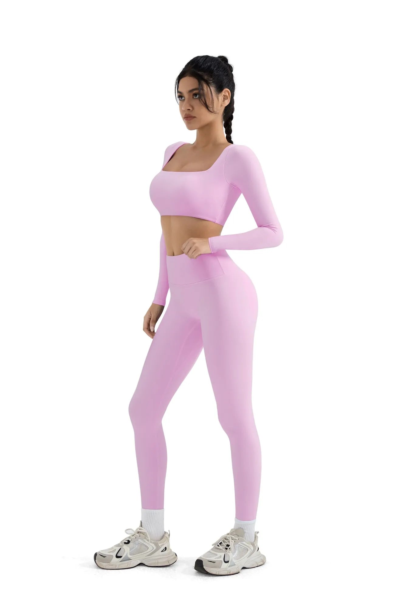 SUUKSESS Women 2 Piece Workout Sets Compression Tummy Control Leggings with Pockets Long Sleeve Square Neck Padded Crop Tops-SUUKSESS-SUUKSESS