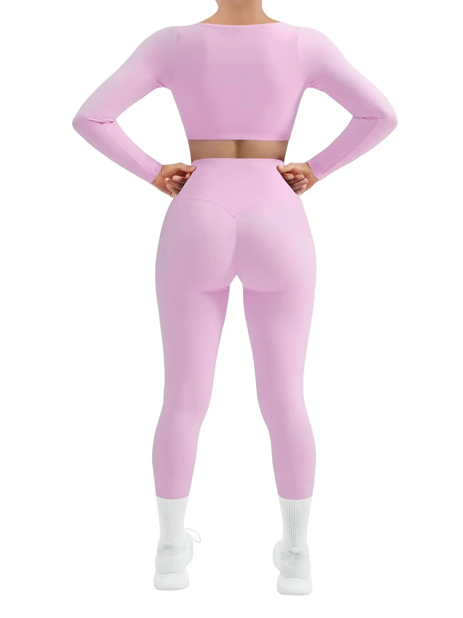 SUUKSESS Women 2 Piece Workout Sets Compression Tummy Control Leggings with Pockets Long Sleeve Square Neck Padded Crop Tops-SUUKSESS-SUUKSESS