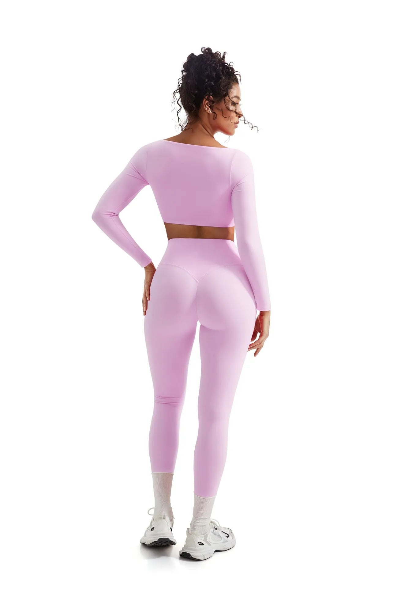SUUKSESS Women 2 Piece Workout Sets Compression Tummy Control Leggings with Pockets Long Sleeve Square Neck Padded Crop Tops-SUUKSESS-SUUKSESS