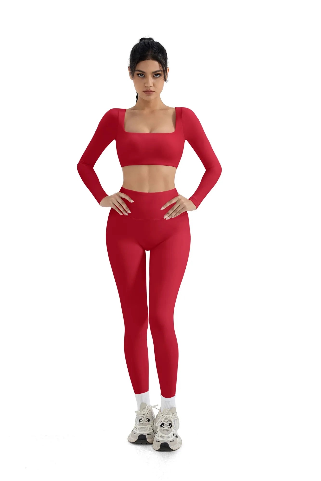 SUUKSESS Women 2 Piece Workout Sets Compression Tummy Control Leggings with Pockets Long Sleeve Square Neck Padded Crop Tops-SUUKSESS-Red-S-SUUKSESS