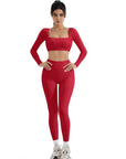 SUUKSESS Women 2 Piece Workout Sets Compression Tummy Control Leggings with Pockets Long Sleeve Square Neck Padded Crop Tops-SUUKSESS-Red-S-SUUKSESS