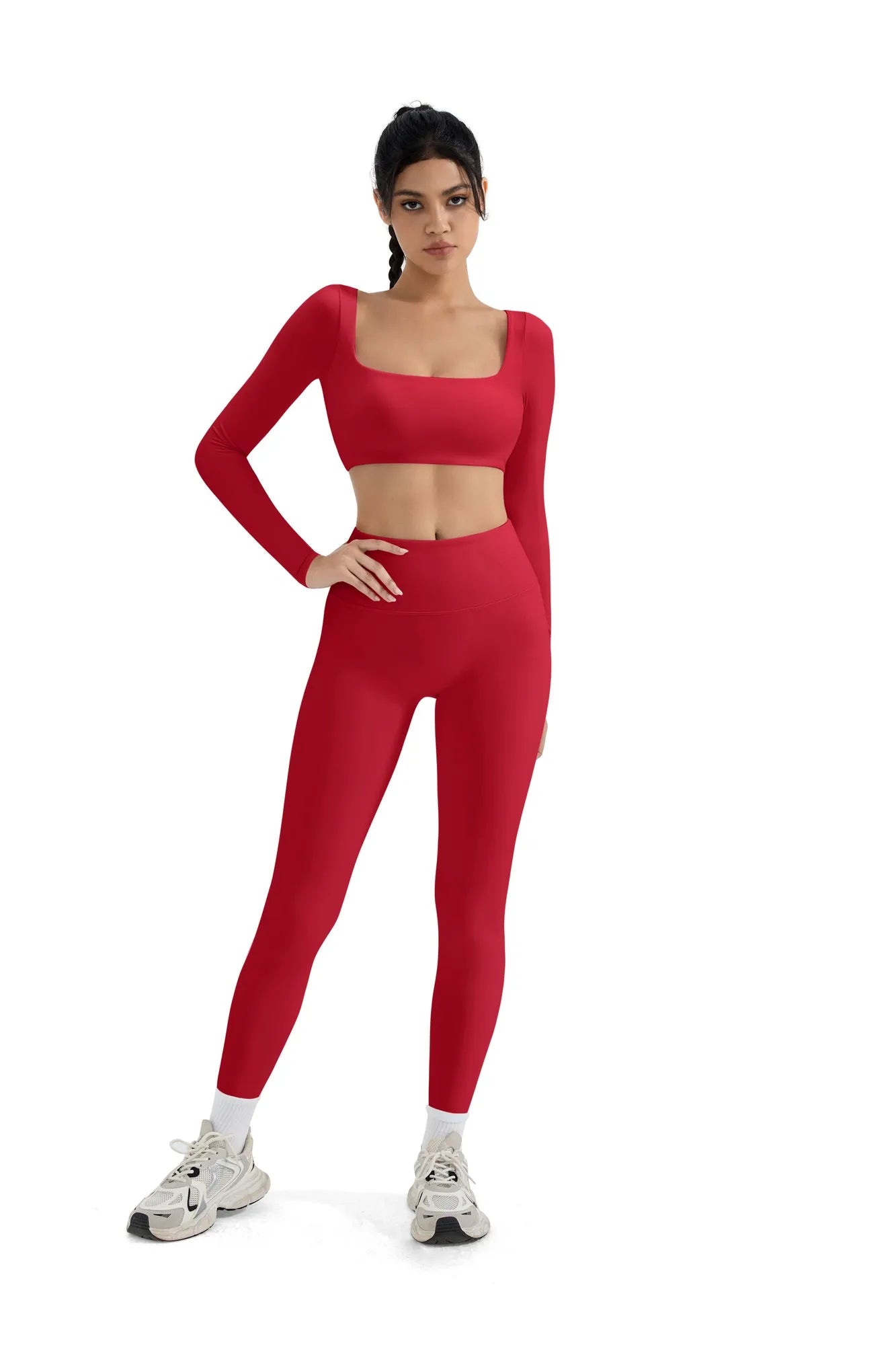SUUKSESS Women 2 Piece Workout Sets Compression Tummy Control Leggings with Pockets Long Sleeve Square Neck Padded Crop Tops-SUUKSESS-SUUKSESS