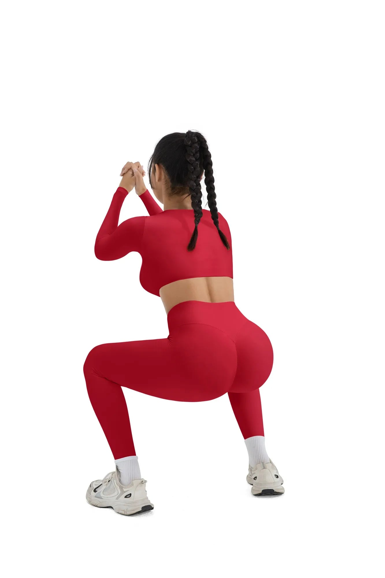 SUUKSESS Women 2 Piece Workout Sets Compression Tummy Control Leggings with Pockets Long Sleeve Square Neck Padded Crop Tops-SUUKSESS-SUUKSESS